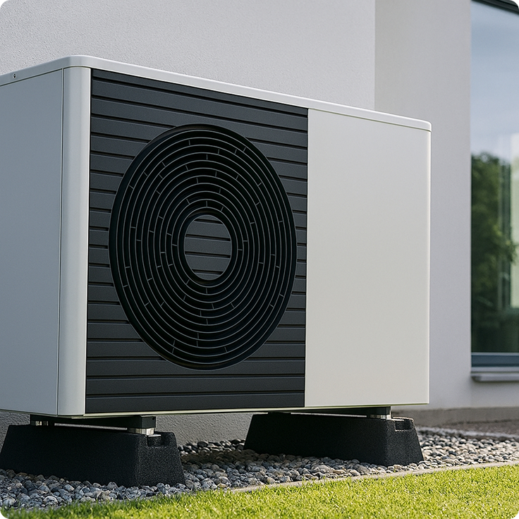 Außengerät einer Wärmepumpe vor einem Neubau